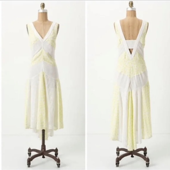 ANTHROPOLOGIE LEIFNOTES Yellow Bird Print Midi Patchwork Eyelet Lace Boho Dress - Picture 1 of 13